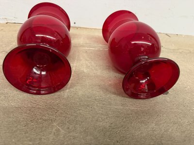 Pair of mid-century Murano vases, ruby red with candelabra, 24x12cm