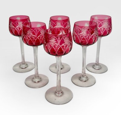 Set of 6 red crystal wine glasses
