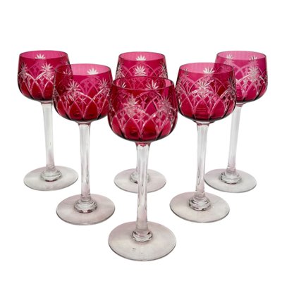 Set of 6 red crystal wine glasses