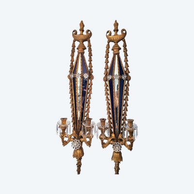 Coppia di applique italiane in legno intagliato e dorato e vetro blu veneziano - XIX secolo