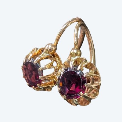 Antique French 18k Gold Sleeper Earrings with Garnet, 2.80 grams, Circa 1900