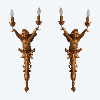 Coppia di grandi luci da parete in bronzo dorato Art Nouveau per bambini 77 cm