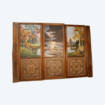 Set di 3 grandi pannelli dipinti raffiguranti una foresta e uno stagno, XIX secolo