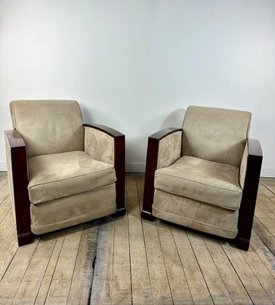 Sessel (Paar) Art Deco Epoche aus Palisander und Wildleder
