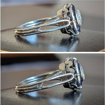 Art Deco Ring in 18k gold set with calibrated blue sapphires & Diamond 5.84 g CIRCA 1920