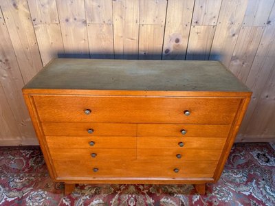 Commode vintage 1950 en chêne massif à pieds compas