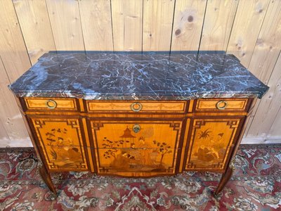 Commode Transition marqueterie orientale, années 1920, marbre noir