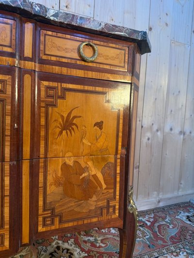 Commode Transition marqueterie orientale, années 1920, marbre noir