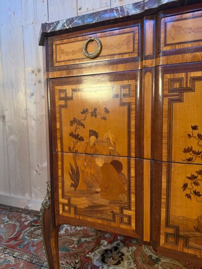 Commode Transition marqueterie orientale, années 1920, marbre noir