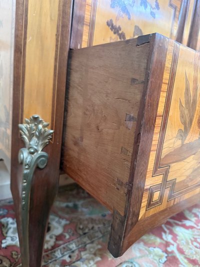 Commode Transition marqueterie orientale, années 1920, marbre noir