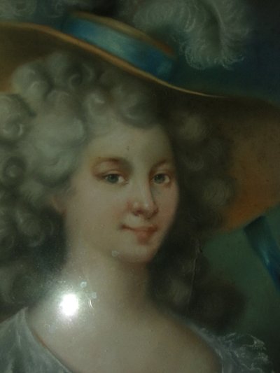 L'élégante au grand  Chapeau, pastel époque fin 18ème.