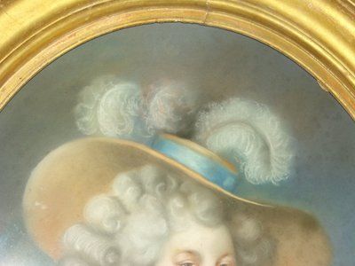 L'élégante au grand  Chapeau, pastel époque fin 18ème.