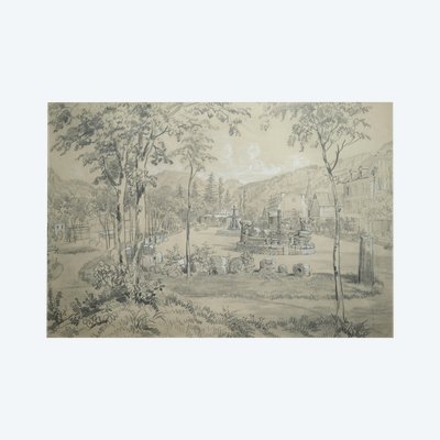 Disegno di Felix BENOIST - XIX secolo - Regione dell'Alvernia -Mont Dore - Place de la Fontaine