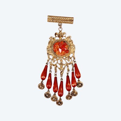 Spilla neobarocca con putti e pendenti in corallo rosso Bigiotteria d'epoca