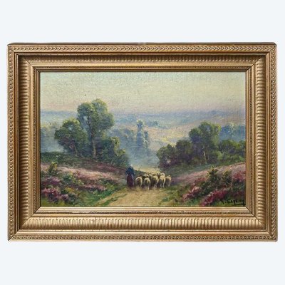 Pastora e il suo gregge", olio su tavola firmato G. Corbier - Inizio XX secolo