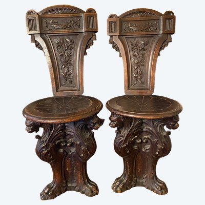 Pair of Sgabellis, Renaissance Style Chairs in Walnut from the 19th Century