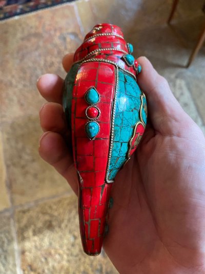 Coquillage Tibétain Orné De Mosaïques, 1 ère Moitié Du XX Eme Siècle