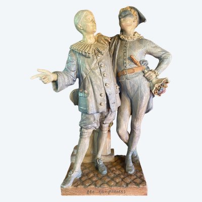 Rare polychrome stoneware by Muller, signed, Pierrot and Harlequin, Art Deco