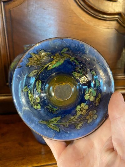 Rare Vase Pagode En Potichomanie à Fond Bleu Nuit XIX Eme Siècle