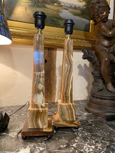 Pair of Egyptian Onyx Obelisks, Circa 1970, Mounted as Lamps