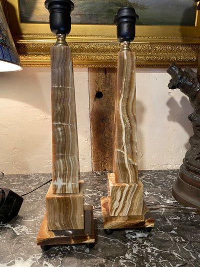 Pair of Egyptian Onyx Obelisks, Circa 1970, Mounted as Lamps