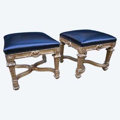 Pair of Louis XIV style gilded wood stools with struts