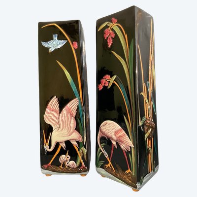 Sarreguemines Large Pair Of Art Nouveau Vases