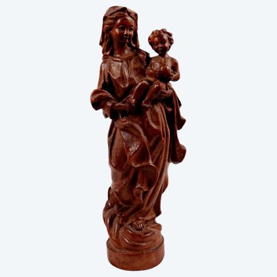 Old Tyrolean walnut sculpture of the Virgin and Child, early 20th century