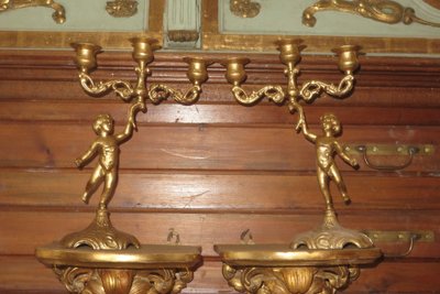 Pair of 3-Light Candlesticks in Gilded Copper, 19th Century.