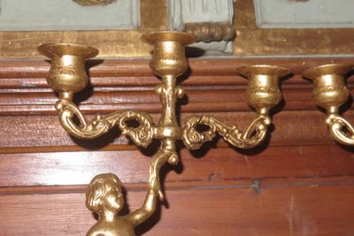 Pair of 3-Light Candlesticks in Gilded Copper, 19th Century.