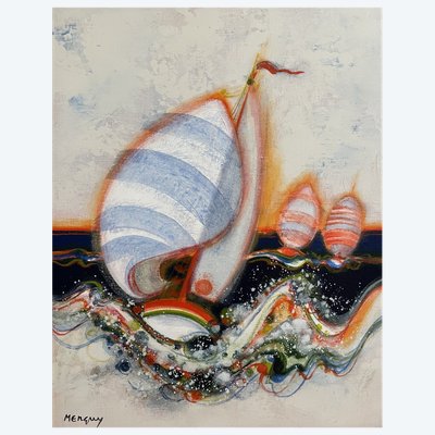 Frédéric MENGUY (1927-2007), Tableau "Au milieu des vagues" datant des années 1980.