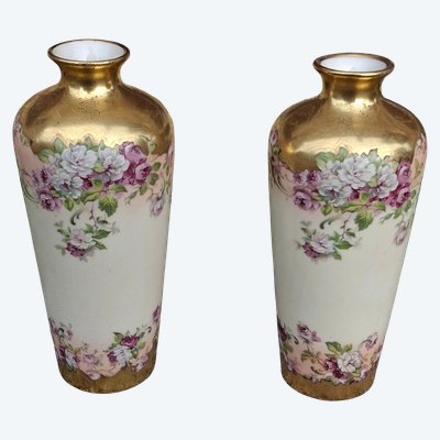 Pair of vases with floral decoration, Golse Limoges