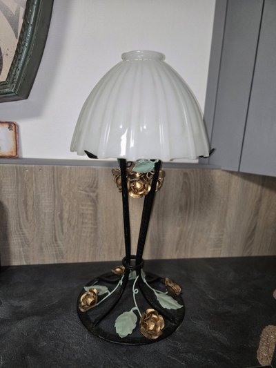 Art Deco table lamp - wrought iron and white opaline - H 58 cm