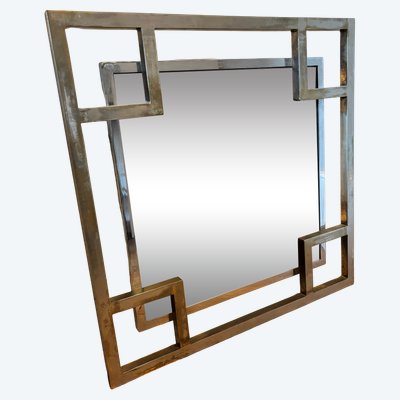 Maison JANSEN (attributed to). Large square mirror in gilt brass and silvered chrome. Dimensions: 70x70cm