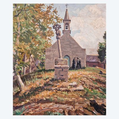 Painting of the Saint Giles chapel at Guermeur in Guern by Georges Boucard, Brittany, Morbihan