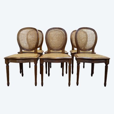 Suite de 6 chaises médaillon Louis XVI en cannage