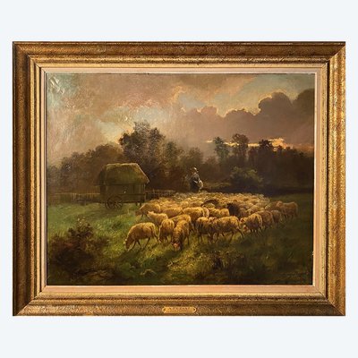 Alexandre Aymar Pezant (1846 – 1916), “Il ritorno del gregge”. Grande olio su tela.