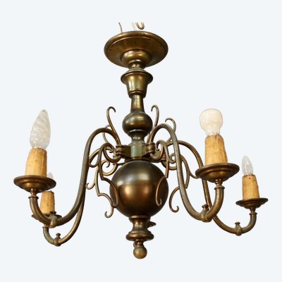 Lustre Hollandais en Bronze plein XIXème à 5 bras de lumière