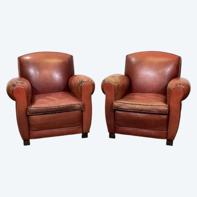 Paire de fauteuils club en cuir des années 1980