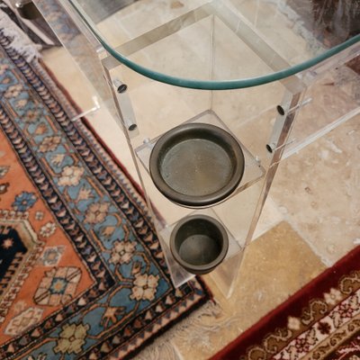 Games table in altuglass with glass top and brass legs, game storage
