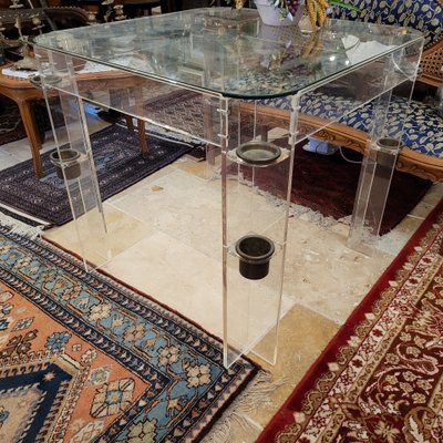 Games table in altuglass with glass top and brass legs, game storage