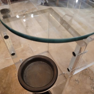 Games table in altuglass with glass top and brass legs, game storage