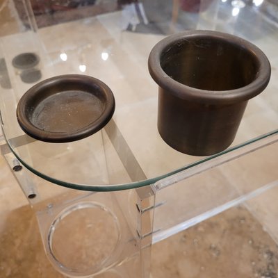 Games table in altuglass with glass top and brass legs, game storage