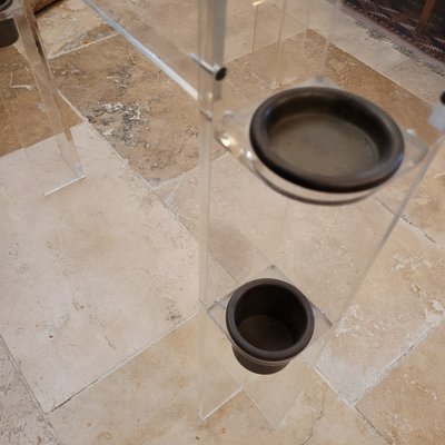Games table in altuglass with glass top and brass legs, game storage