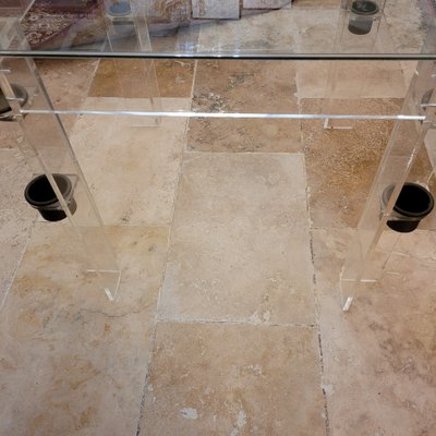 Games table in altuglass with glass top and brass legs, game storage
