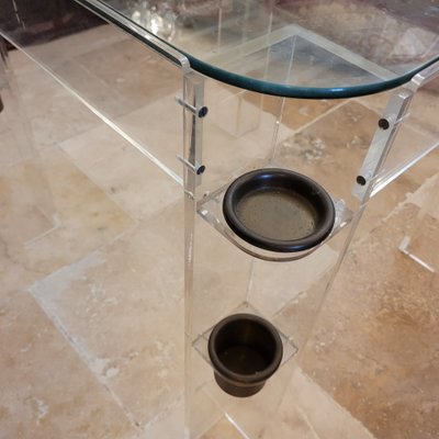 Games table in altuglass with glass top and brass legs, game storage