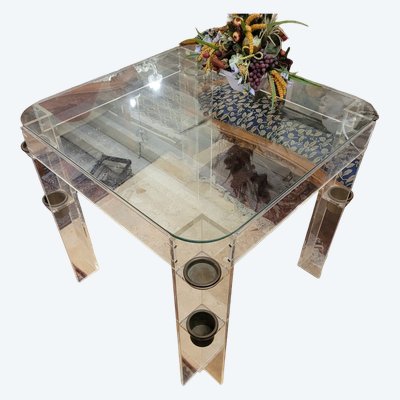 Table à jeux en altuglass plateau en verre  et pieds  réserve de jeutons laiton