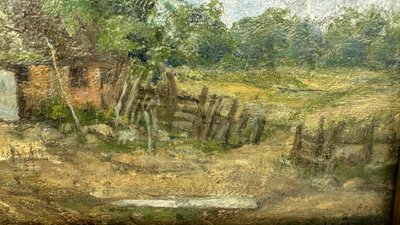 Kleines Ölgemälde auf Holz, „Der deutsche Bauernhof“