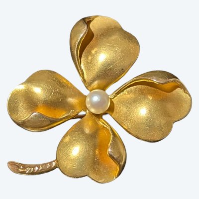 Antique lucky four-leaf clover brooch, 18k/750 gold & pearl, circa 1900