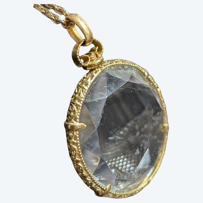 Antique 18K Gold Openwork Medallion Pendant with Faceted Glass and Photo Holder, Souvenir Circa 1870